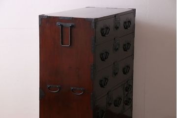 アンティーク家具　和製アンティーク　杉材　巾着金具と漆塗りが魅力の松本箪笥(和タンス、衣装箪笥、整理箪笥)