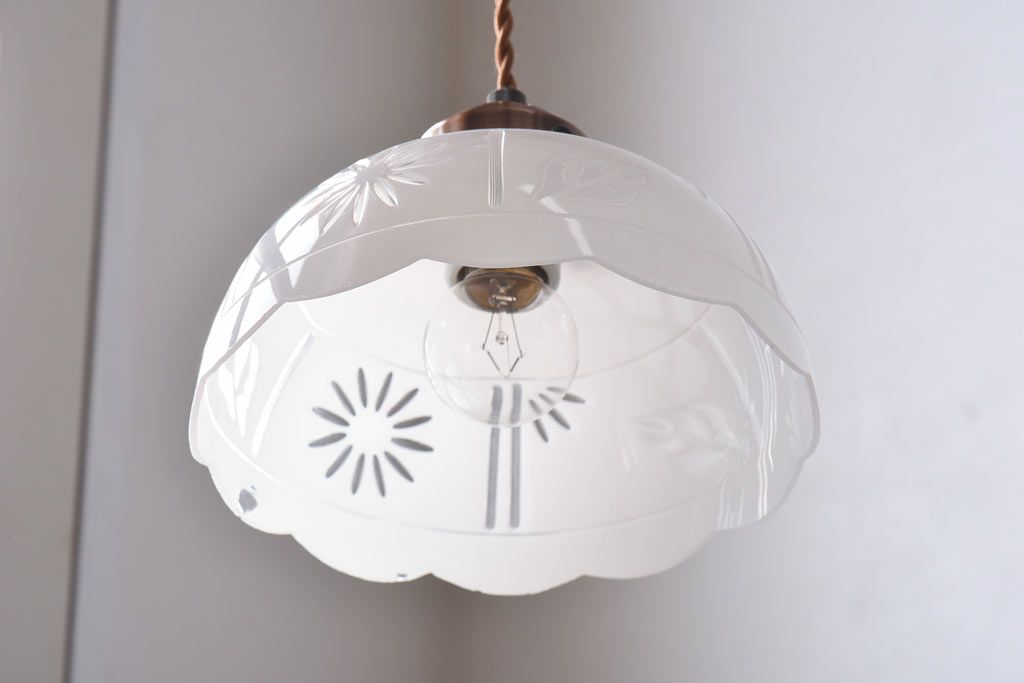 アンティーク ペンダントライトシェード ミルクガラス 電笠 切子 和風 アンティーク ペンダントライトシェード ミルクガラス 電笠 切子