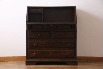 中古　松本民芸家具　シックな雰囲気漂うT型ライティングビューロー(簿記机、在宅ワーク、在宅用ワークデスク)(定価約31万円)(1)