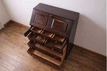 中古　松本民芸家具　シックな雰囲気漂うT型ライティングビューロー(簿記机、在宅ワーク、在宅用ワークデスク)(定価約31万円)(1)