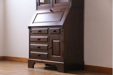 中古　北海道民芸家具　上品な雰囲気漂うビューローブックケース(ライティングビューロー、机、収納棚、本箱)(定価約50万円)(3)