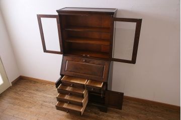 中古　北海道民芸家具　上品な雰囲気漂うビューローブックケース(ライティングビューロー、机、収納棚、本箱)(定価約50万円)(3)