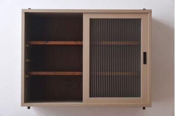 ラフジュ工房オリジナル　モールガラス入り　ベージュペイントのウォールシェルフ(壁付け戸棚、収納棚)