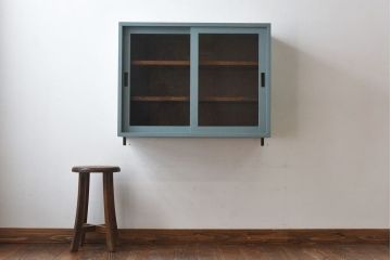 ラフジュ工房オリジナル　気泡ガラス入り　ブルーペイントのウォールシェルフ(壁付け戸棚、収納棚)