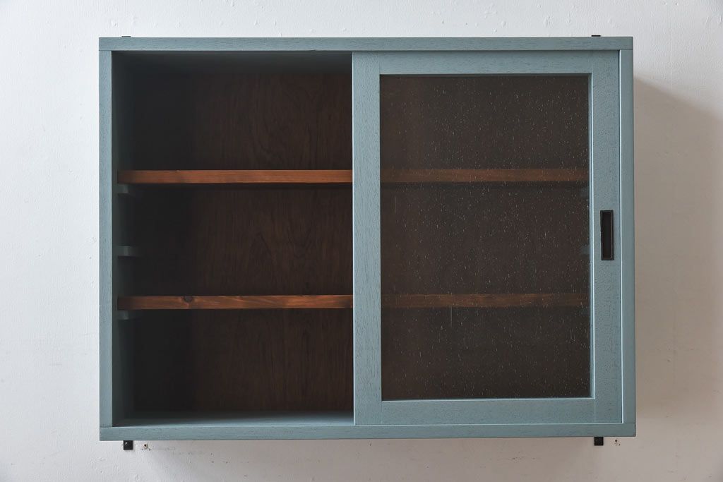 ラフジュ工房オリジナル　気泡ガラス入り　ブルーペイントのウォールシェルフ(壁付け戸棚、収納棚)