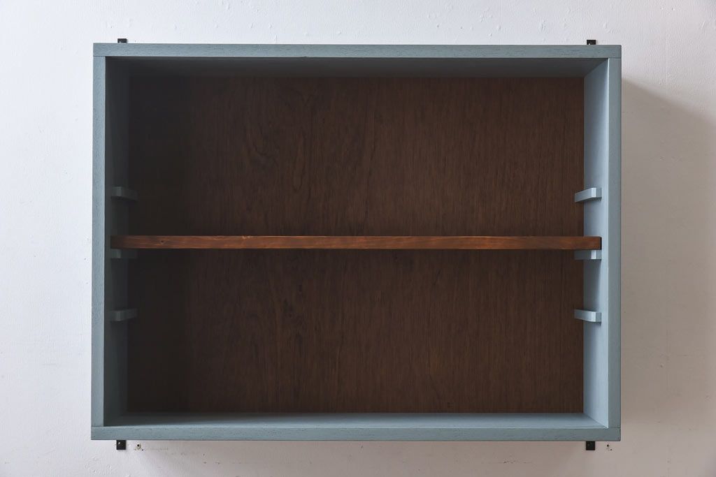 ラフジュ工房オリジナル　気泡ガラス入り　ブルーペイントのウォールシェルフ(壁付け戸棚、収納棚)