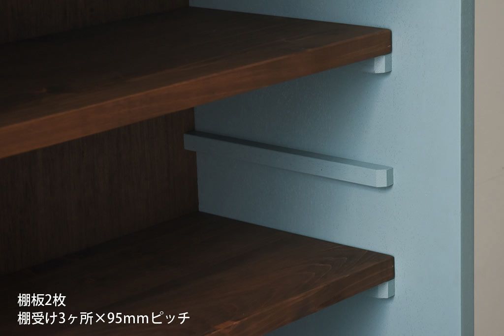 ラフジュ工房オリジナル　気泡ガラス入り　ブルーペイントのウォールシェルフ(壁付け戸棚、収納棚)