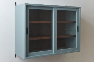 ラフジュ工房オリジナル　気泡ガラス入り　ブルーペイントのウォールシェルフ(壁付け戸棚、収納棚)