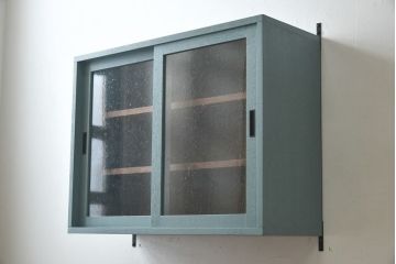 ラフジュ工房オリジナル　気泡ガラス入り　ブルーペイントのウォールシェルフ(壁付け戸棚、収納棚)