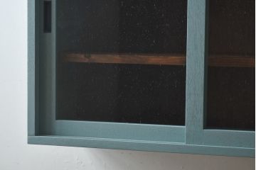 ラフジュ工房オリジナル　気泡ガラス入り　ブルーペイントのウォールシェルフ(壁付け戸棚、収納棚)