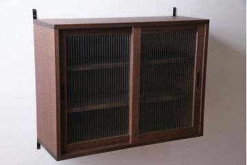 ラフジュ工房オリジナル　モールガラス入り　古材を活かしたウォールシェルフ(ウォールキャビネット、壁掛け収納棚、戸棚)