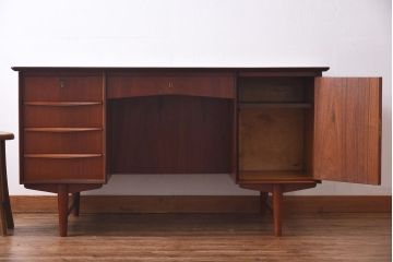 ヴィンテージ家具　北欧ビンテージ　両面収納　チーク材の褐色が美しいワークデスク(オフィスデスク、両袖机、在宅ワーク、在宅用)
