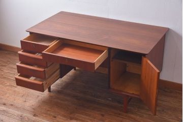 ヴィンテージ家具　北欧ビンテージ　両面収納　チーク材の褐色が美しいワークデスク(オフィスデスク、両袖机、在宅ワーク、在宅用)