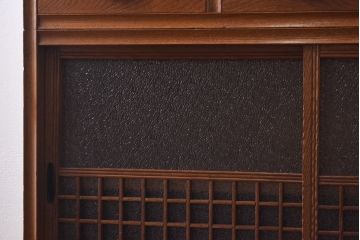 レトロ家具　当時物色ガラス入り　栗材　丸窓が可愛らしいレトロな重ね戸棚(収納棚)