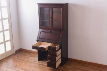 【S様ご成約済・ご決済用】中古　北海道民芸家具　上品な雰囲気漂うビューローブックケース(ライティングビューロー、机、本箱、収納棚)(定価約49万円)(1)