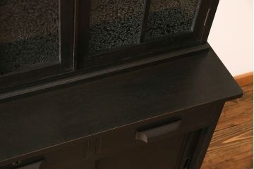 レトロ家具　和製アンティーク　ナラ材　当時物色ガラス入り!レトロモダンな大型食器棚(キャビネット、カップボード、収納棚)