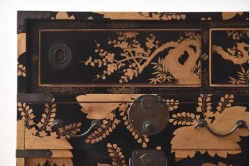 アンティーク家具　和製アンティーク　極上品!　漆塗り金彩蒔絵・桐と梅　手許箪笥(小箪笥、時代箪笥、和タンス、抽斗)