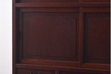 【N様ご成約済・ご決済用】和製アンティーク　前面ケヤキ材　共縁仕上げ　3尺　意匠や木目が目を引く関東水屋タンス(重ね箪笥、食器棚)