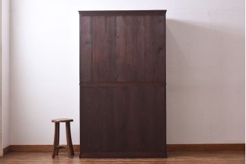 【N様ご成約済・ご決済用】和製アンティーク　前面ケヤキ材　共縁仕上げ　3尺　意匠や木目が目を引く関東水屋タンス(重ね箪笥、食器棚)