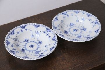 中古　ROYAL COPENHAGEN(ロイヤルコペンハーゲン)　ブルーフルーテッド　フルレース　23cmスープディッシュ2枚セット(ディーププレート)(定価約7万5千円)(1)