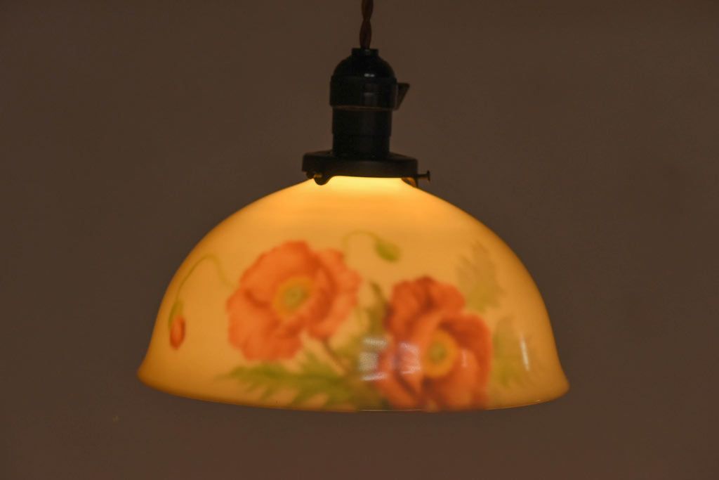 オールドノリタケ・則武(日陶)　ポピー(芥子)　照らすと透ける模様が魅力の電笠(  天井照明、シェード)(1)
