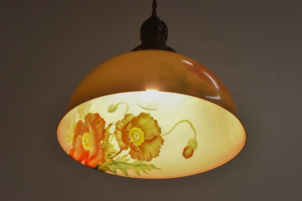 オールドノリタケ・則武(日陶)　ポピー(芥子)　照らすと透ける模様が魅力の電笠(  天井照明、シェード)(1)