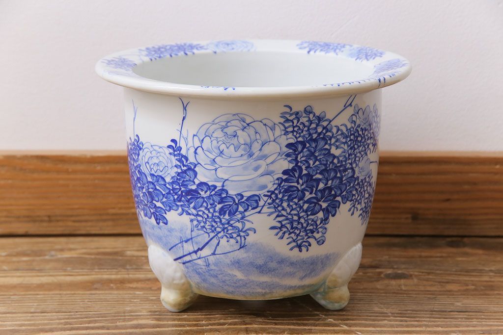 アンティーク雑貨　昭和初期　牡丹の図　脚付きのシルエットが目を引く植木鉢