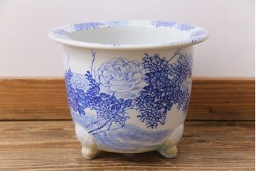 アンティーク雑貨　昭和初期　牡丹の図　脚付きのシルエットが目を引く植木鉢