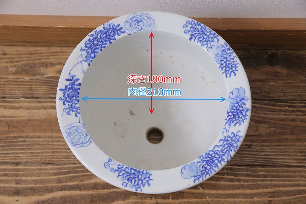 アンティーク雑貨　昭和初期　牡丹の図　脚付きのシルエットが目を引く植木鉢
