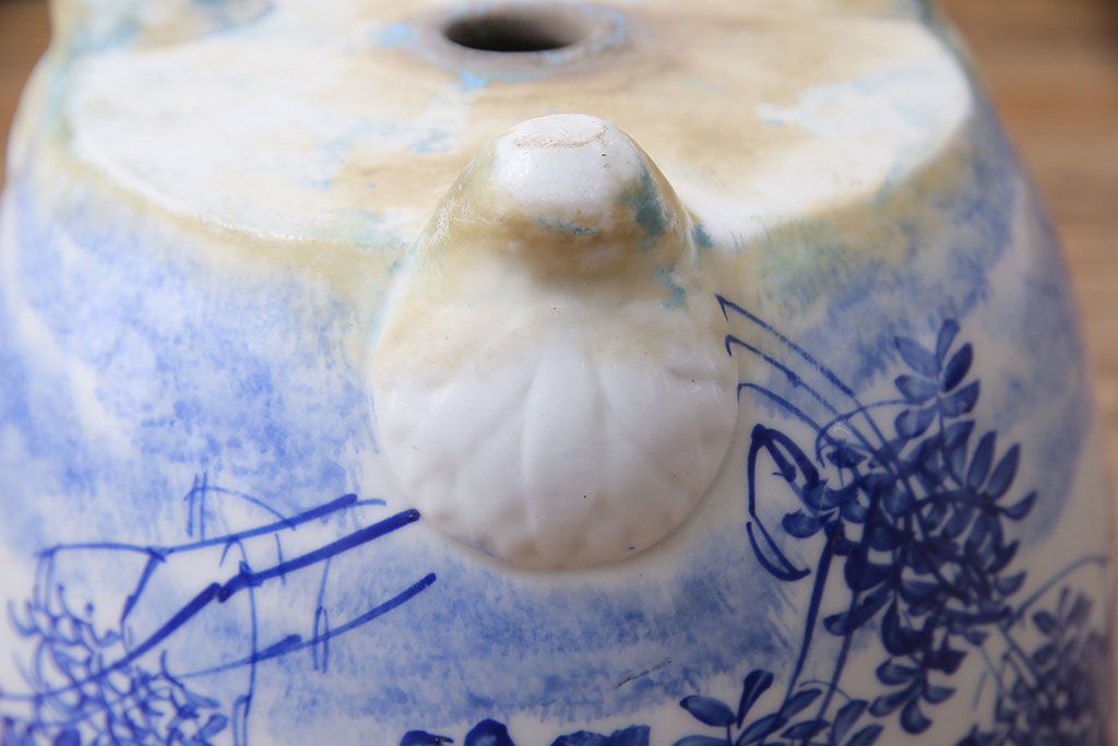 アンティーク雑貨　昭和初期　牡丹の図　脚付きのシルエットが目を引く植木鉢