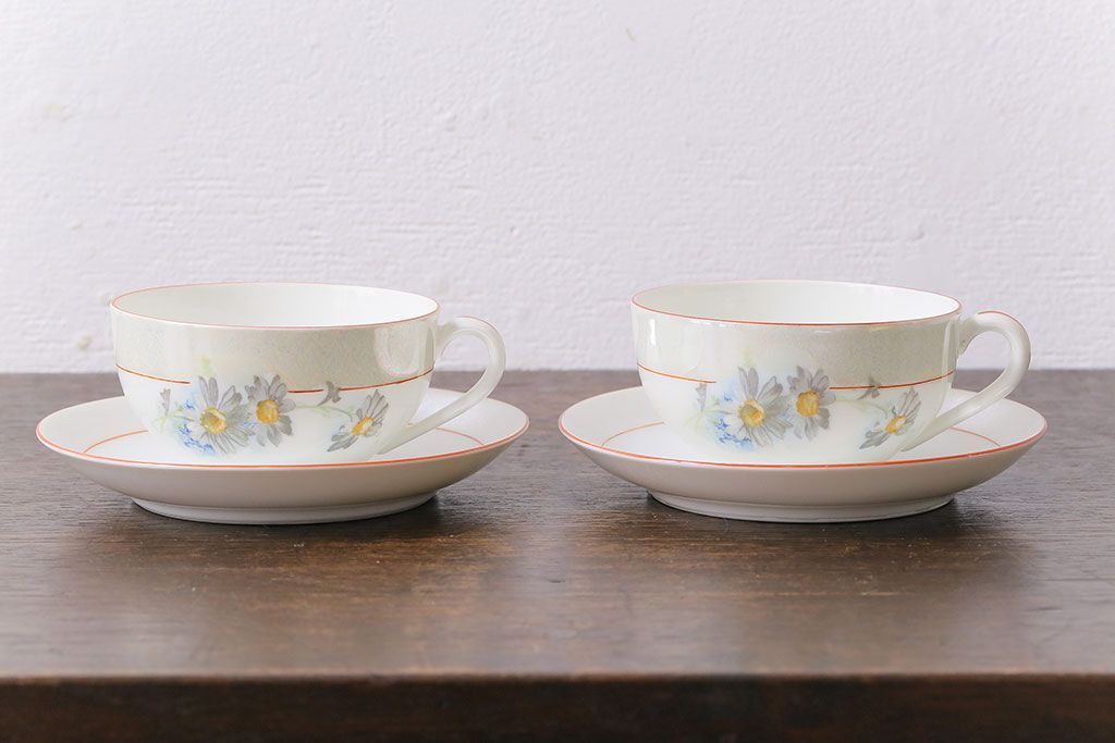 アンティーク雑貨　オールドノリタケ(則武・日陶)　ヤジロベー印　ポップな色合いが可愛らしいカップ&ソーサー2客セット(洋食器)(2)