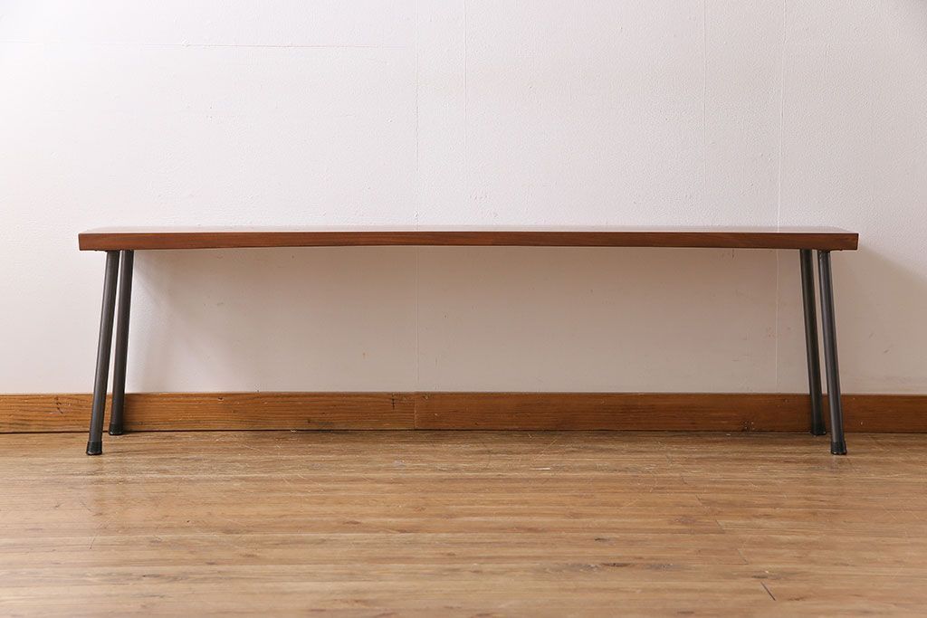 大正期　ケヤキ材一枚板　杢目が魅力的なリメイク鉄脚ベンチ(板座チェア、椅子)(1)