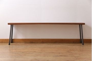 大正期　ケヤキ材一枚板　杢目が魅力的なリメイク鉄脚ベンチ(板座チェア、椅子)(1)