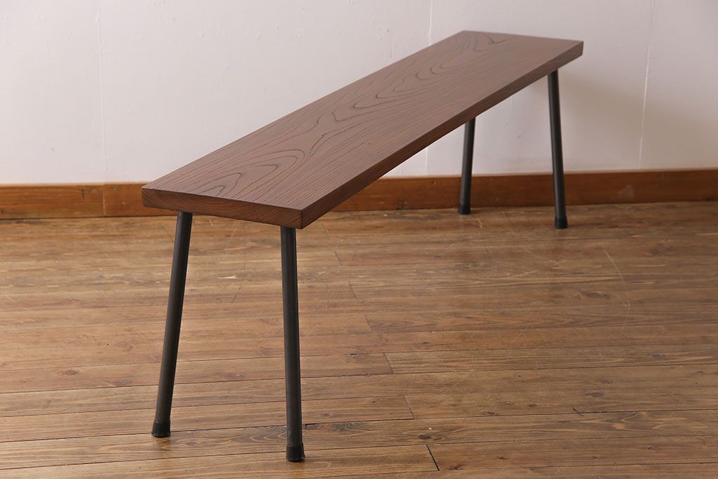 大正期　ケヤキ材一枚板　杢目が魅力的なリメイク鉄脚ベンチ(板座チェア、椅子)(1)