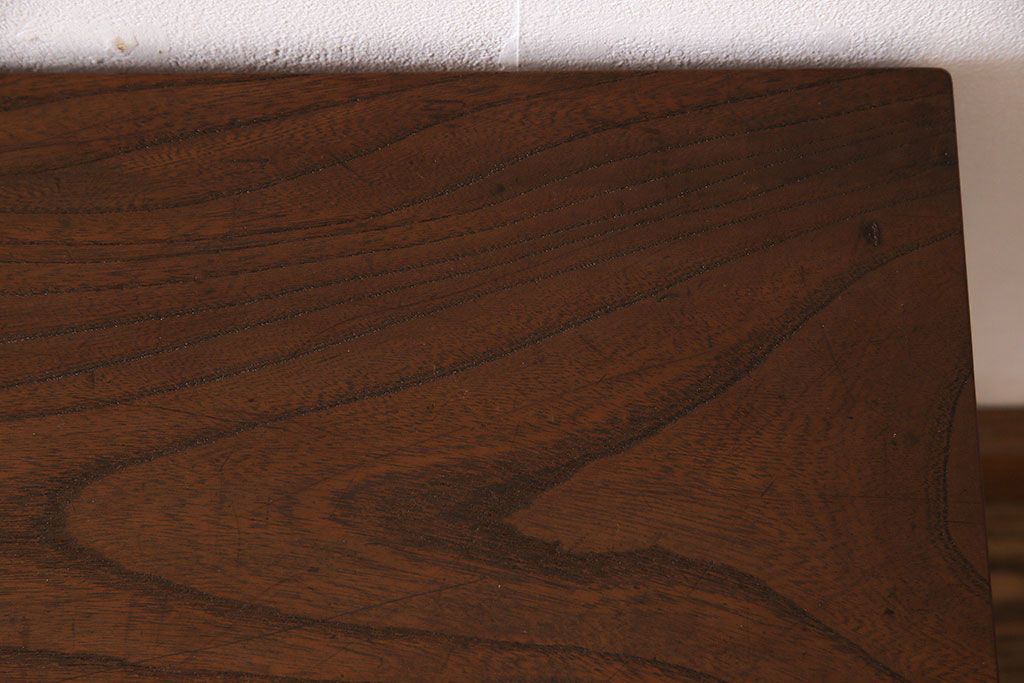 大正期　ケヤキ材一枚板　杢目が魅力的なリメイク鉄脚ベンチ(板座チェア、椅子)(1)