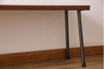 大正期　ケヤキ材一枚板　杢目が魅力的なリメイク鉄脚ベンチ(板座チェア、椅子)(1)