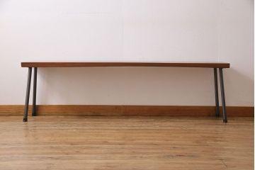 大正期　ケヤキ材一枚板　杢目が魅力的なリメイク鉄脚ベンチ(板座チェア、椅子)(1)