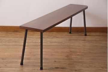 ケヤキ材一枚板　杢目が魅力的なリメイク鉄脚ベンチ(板座チェア、椅子)(2)