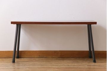 明治大正期　ケヤキ材一枚板　漆塗仕上げのリメイク鉄脚ベンチ(板座チェア、椅子)