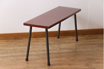 明治大正期　ケヤキ材一枚板　漆塗仕上げのリメイク鉄脚ベンチ(板座チェア、椅子)