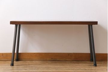 明治大正期　ケヤキ材一枚板　ダイナミックな木目が魅力のリメイク鉄脚ベンチ(板座チェア、椅子)