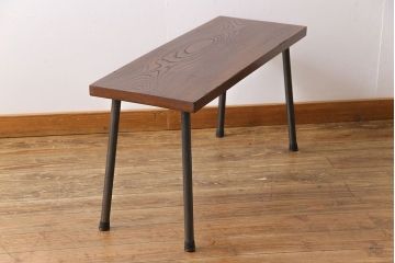 明治大正期　ケヤキ材一枚板　ダイナミックな木目が魅力のリメイク鉄脚ベンチ(板座チェア、椅子)