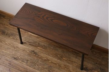 明治大正期　ケヤキ材一枚板　ダイナミックな木目が魅力のリメイク鉄脚ベンチ(板座チェア、椅子)