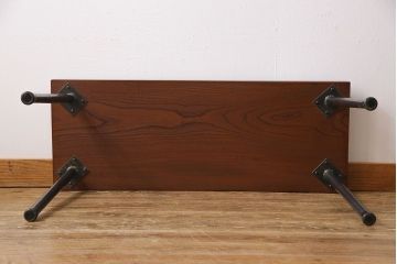 明治大正期　ケヤキ材一枚板　ダイナミックな木目が魅力のリメイク鉄脚ベンチ(板座チェア、椅子)