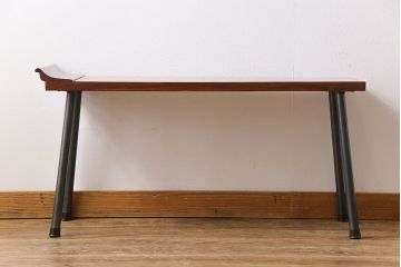 明治大正期　ケヤキ材一枚板　筆返し付き　漆塗仕上げのリメイク鉄脚ベンチ(板座チェア、椅子)