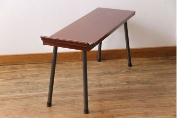 明治大正期　ケヤキ材一枚板　筆返し付き　漆塗仕上げのリメイク鉄脚ベンチ(板座チェア、椅子)