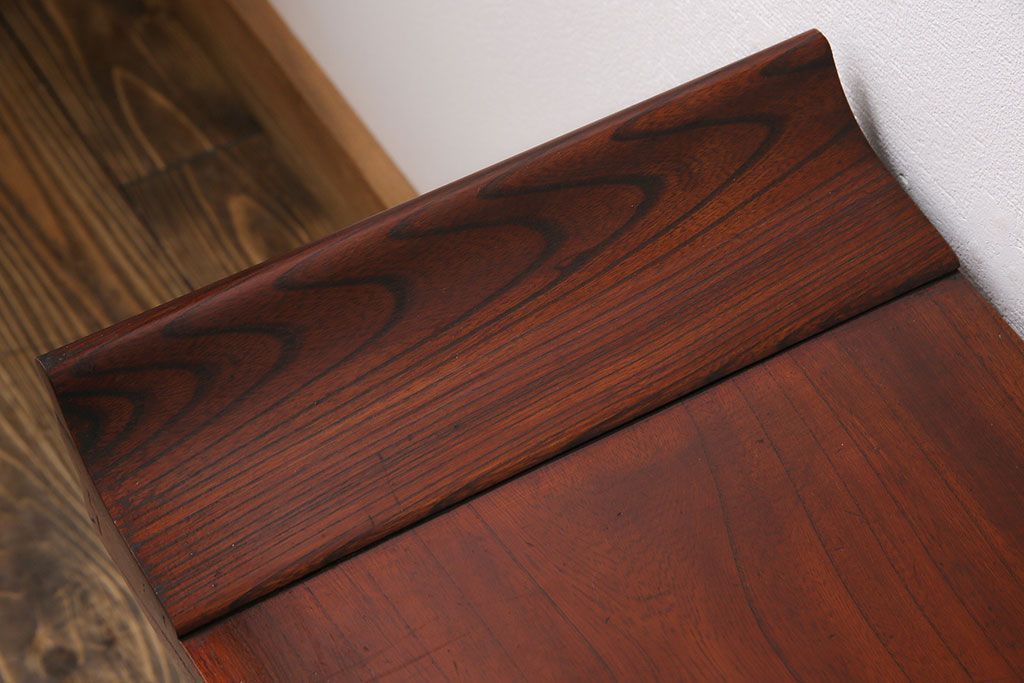 明治大正期　ケヤキ材一枚板　筆返し付き　漆塗仕上げのリメイク鉄脚ベンチ(板座チェア、椅子)