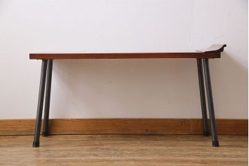 明治大正期　ケヤキ材一枚板　筆返し付き　漆塗仕上げのリメイク鉄脚ベンチ(板座チェア、椅子)