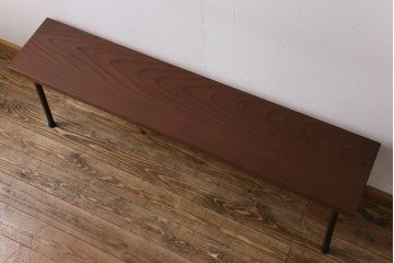 大正昭和初期　ケヤキ材一枚板　ダイナミックな木目が目を引くリメイク鉄脚ベンチ(板座チェア、椅子)