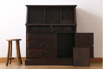中古　民芸家具　木材の濃淡が味わい深いライティングビューロー(簿記机、在宅ワーク、在宅用デスク、チェスト)
